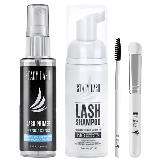 STACY LASH 50ml Shampoo | 40ml Primer | Eyelid Foaming Cleanser | Wash for Extensions and Natural Lashes | Paraben & Sulfate Free Safe Makeup & Mascara Remover | Professional & Self Use