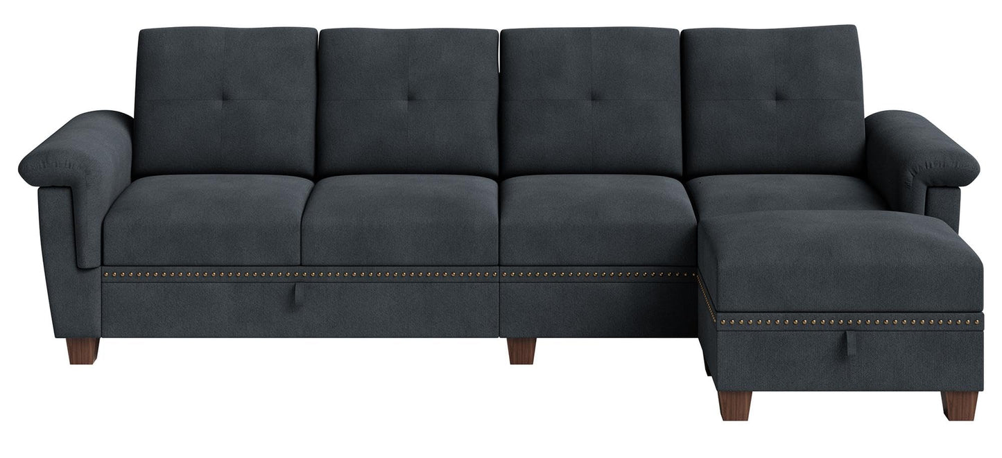 JAMFLY Sectional Couches for Living Room L Shaped Couch with Storage, 4-Seat Convertible Sectional Sofa Couch with Ottoman, Living Room Furniture Sets with Cup Holders, Dark Gray