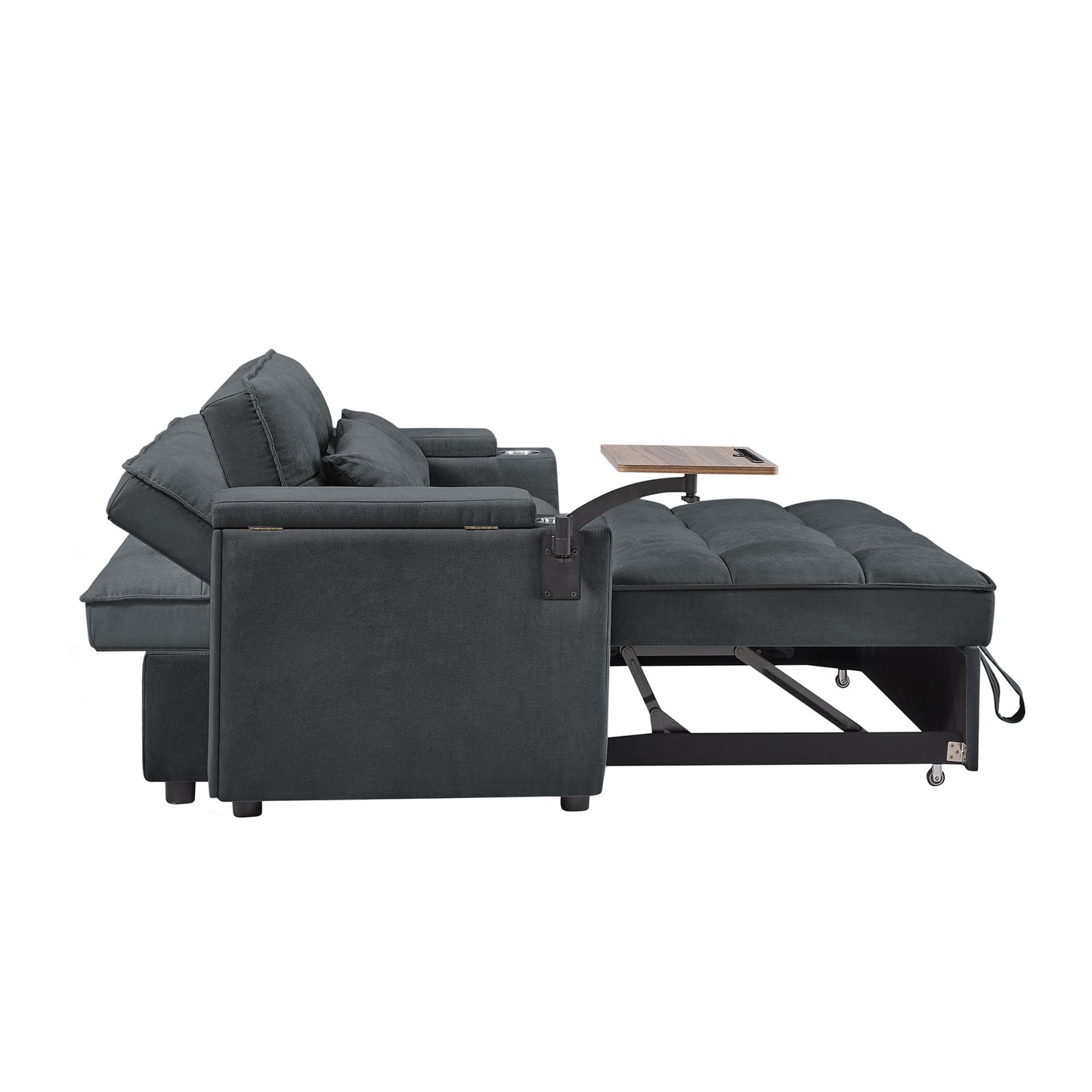 hansones 65'' 3-in-1 Folding Convertible Sofa Bed, Pullout Sofa, Modern Chenille Fabric, 360° Swivel Side Table, Easy Assembly, Perfect for Living Room, Grey