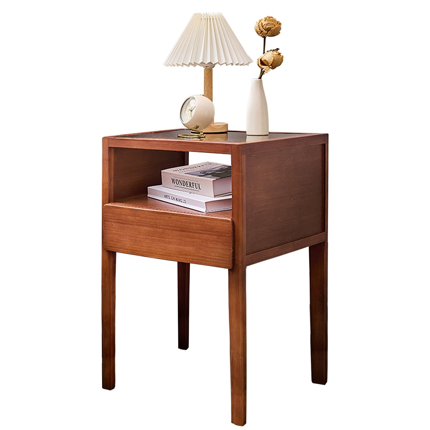 JIKUGO Mid Century Modern Nightstand with Tempered Glass Tabletop Bamboo Night Stand with Drawers Stand Storage Shelf Bedside Table End Tables for Bedroom Decor Furniture