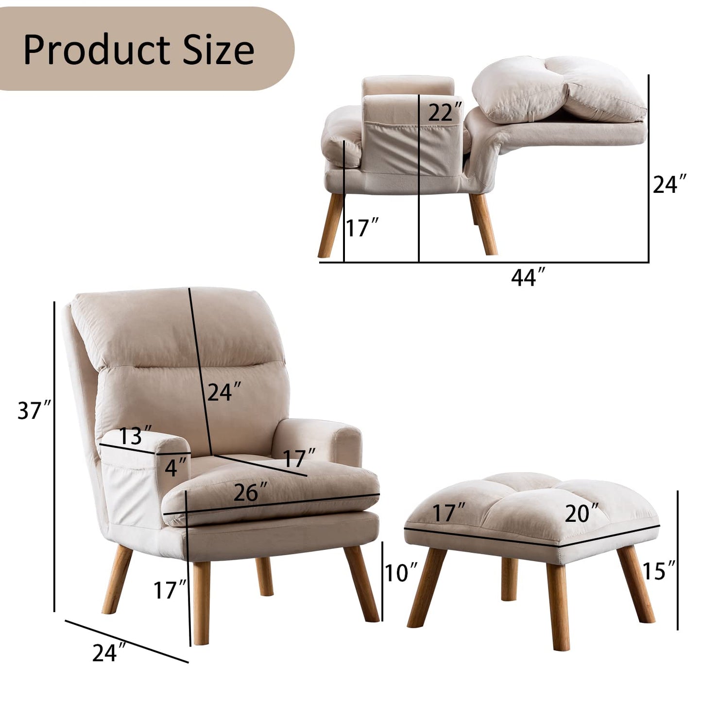 INZOY Accent Chairs with Ottoman, Velvet Fabric Armchair with Ottoman for Bedroom Living Room, Mid Century Modern Chair with Adjustable Backrest and Side Pockets, Beige