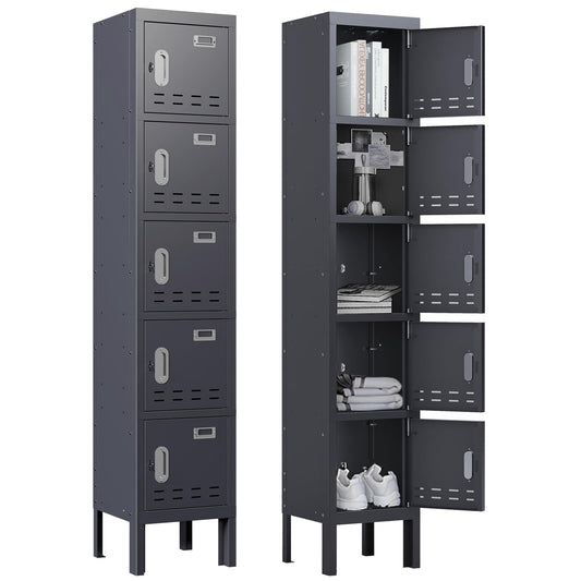 BUTISOW Metal Lockers - 66" Height Steel Lockers for Employees with 5 Door Storage Locker with Card Slot for Employees Gym School Home Office Garage - Assembly Required