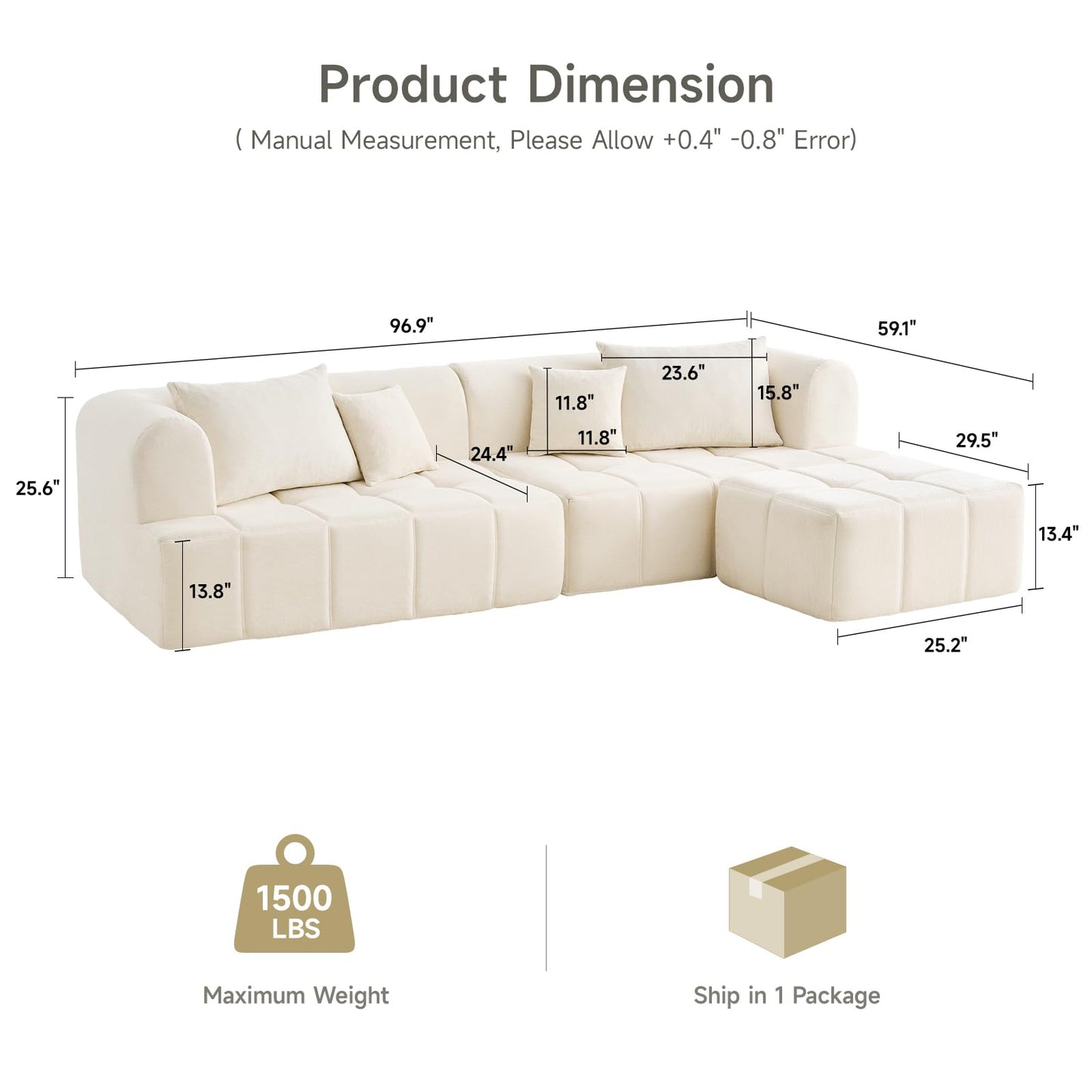 ONBRILL 97” Modular Sectional Sofa with Deep Seat, Cloud Sectional Couch with L-Shape Chaise,Chenille Upholstered Couches for Living Room Bedroom Apartments,No Assembly Required
