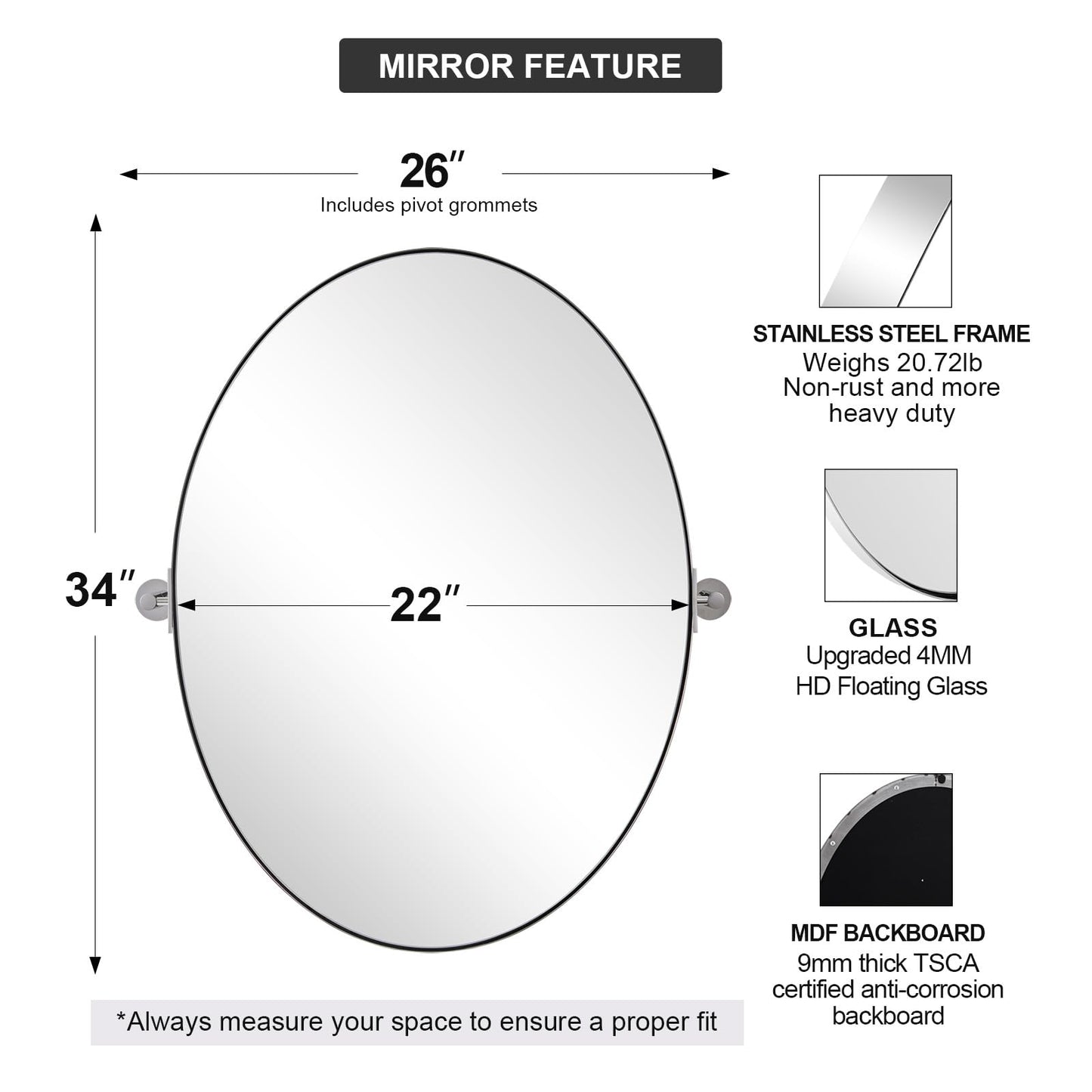 ANDY STAR Oval Bathroom Mirror, 22" x 34" Chrome Stainless Steel Metal Frame Pivoting Mirror for Over Sink with Adjustable Tilting Design, Vanity Mirror for Modern Wall