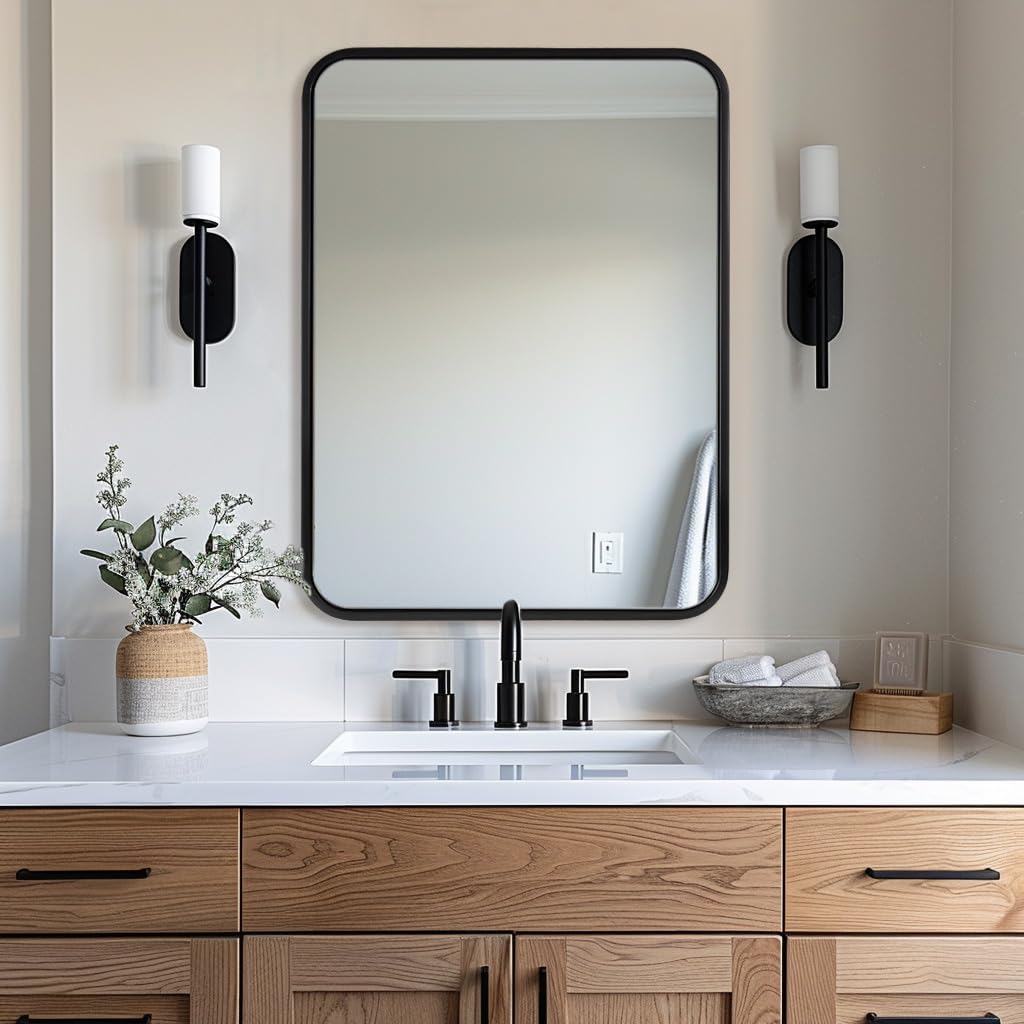 ANDY STAR Mirror for Bathroom 24X36 Inch, Matte Black Mirror, Modern Black Vanity Mirror, Rounded Rectangle Mirror Metal Framed Mirror Wall-Mounted Mirrors Hang Vertically/Horizontally