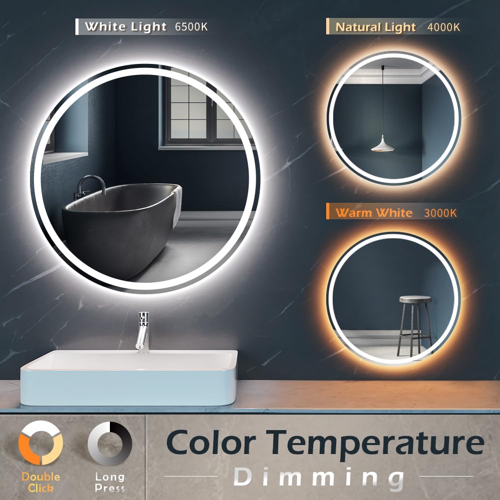 KWW 40 Inch Large Modern LED Round Bathroom Vanity Mirror, Color Temperature Adjustable, Anti-Fog Dimmable Lights, Easy to Install, Wall Mounted Makeup Mirror with Smart Touch Button