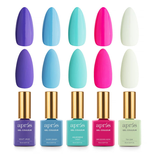 Apres Gel Couleur Combo Set, 5 Color Gel Nail Polish, Bright Nude Pastel Colors with Brush-X Nail Art Brush, 2024 Edition (Set 9)