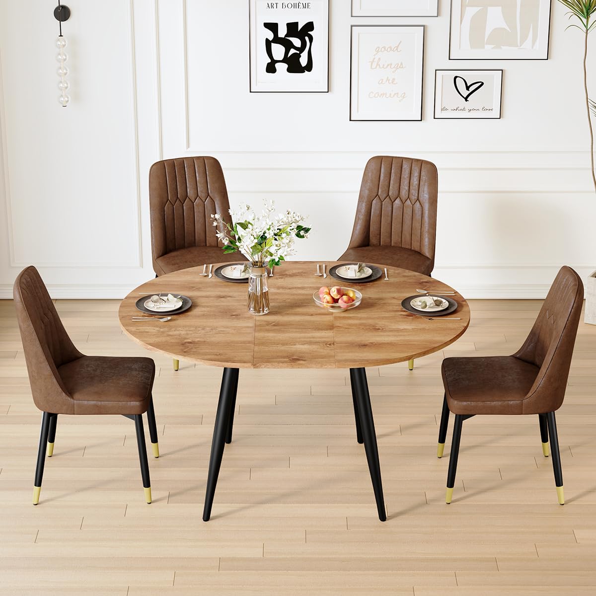 Round Dining Table Set for 4, 42"-54" Extendable Dining Table Set for 4, 0.73" Thick Wood Tabletop with Smooth Edge, Black Metal Leg with Non-slip Footmat, 4 Soft PU Chairs, Small Space, Easy Assembly