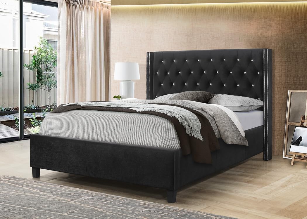 GTU Furniture King Size Velvet Fabric with Crystal Button Tufted upholstered Wingback Headboard Bed in Black