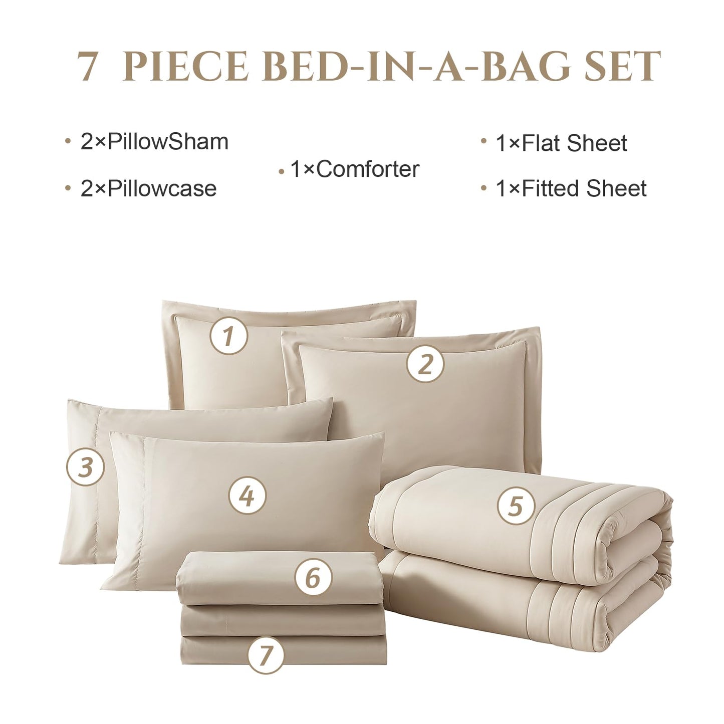 Monbix Queen Comforter Set - 7 Pieces Apricot Beige Bed in a Bag Queen Bedding Sets with Comforters, All Seasons Down Alternative Comforter Bed Set with Sheets,Pillowcases & Shams