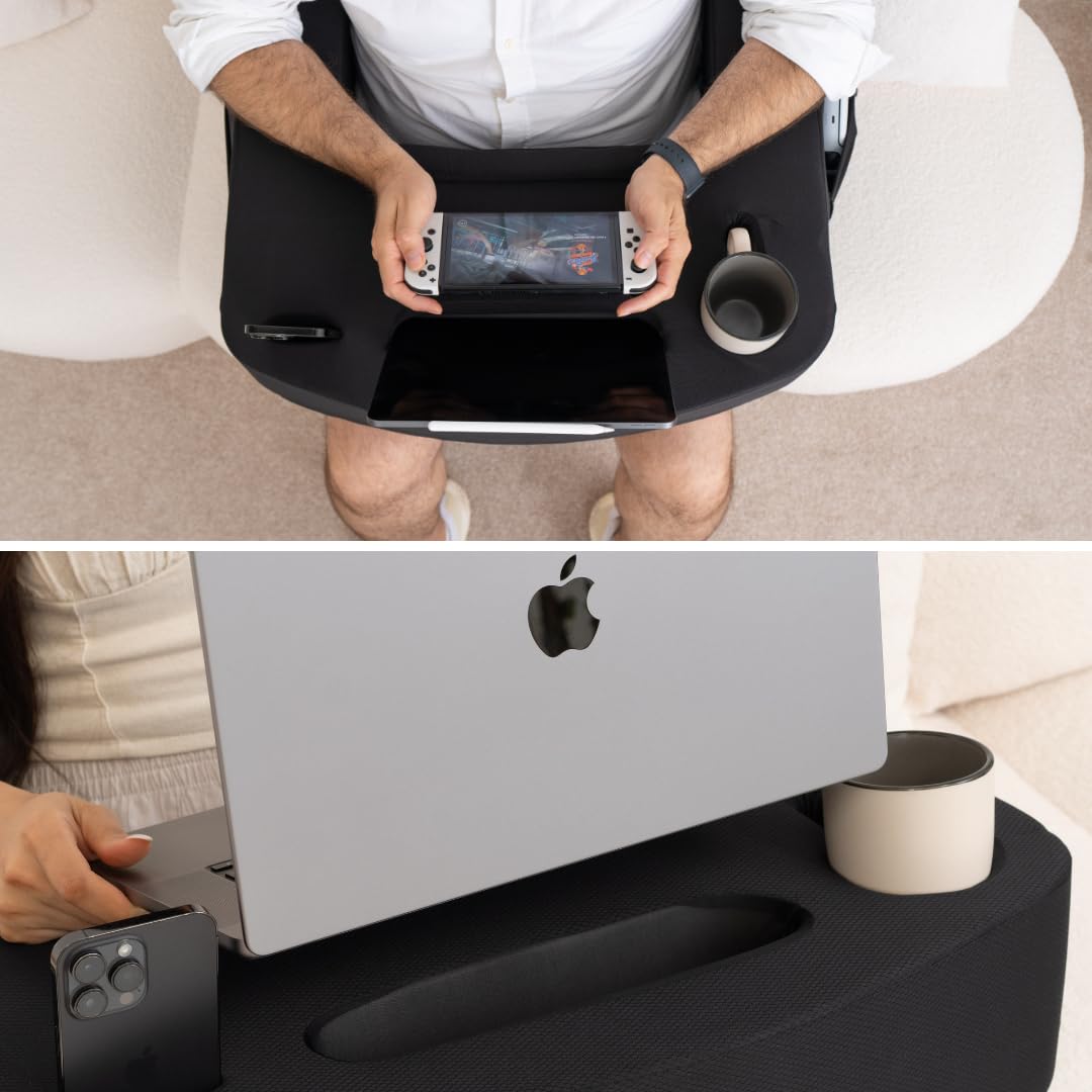 TabCouchCaddy Reading Pillow for Gaming – Extra Large Lap Desk & Arm Rest with Cup & Phone Holder, Adjustable Heights, Laptop Support, Large Pockets – Comfortable for Work, Gaming & Crocheting (Black)
