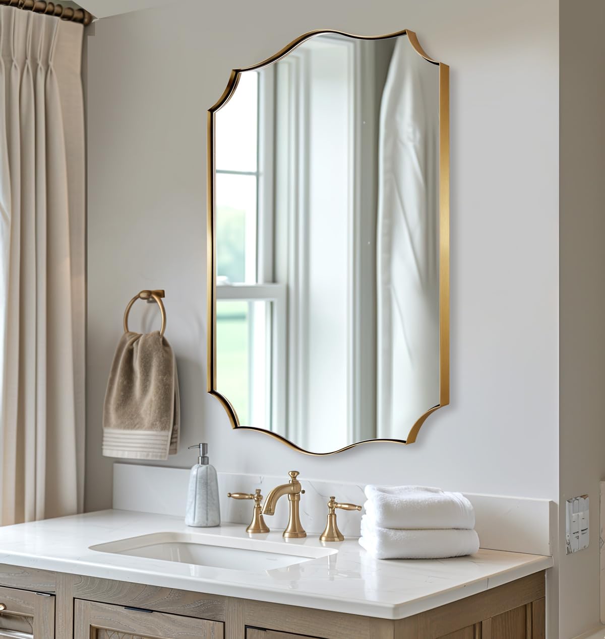ANDY STAR Gold Vanity Mirror, Brushed Gold Mirror for Bathroom, 22x30 Irregular Wall Mirror, Asymmetrical Mirror in Stainless Steel Metal Frame Wall Mount for Bathroom, Bedroom, Living Room, Mantel
