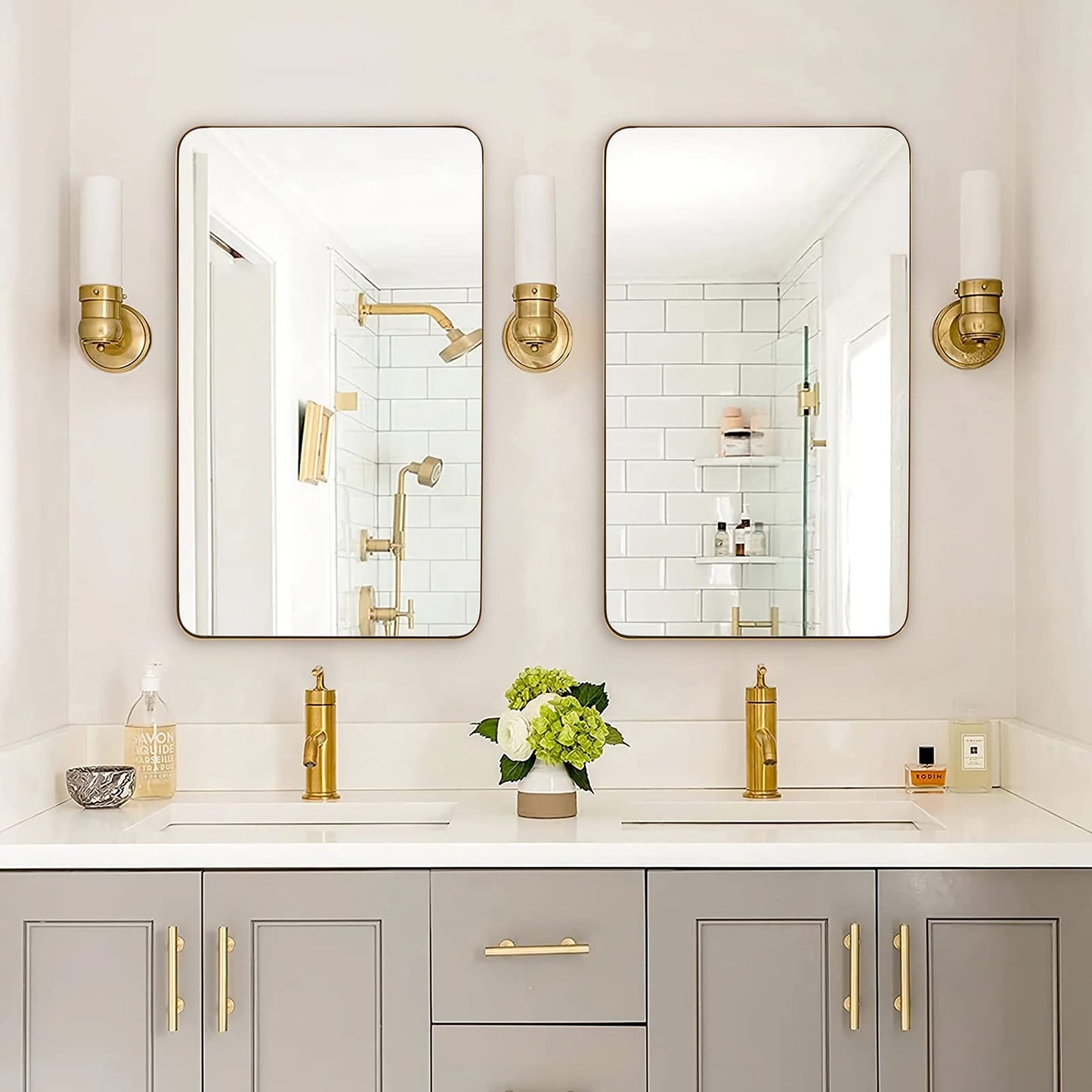 ANDY STAR 24x40 Inch Gold Bathroom Mirror, Stainless Steel Metal Frame with Rounded Corner, Rectangle Glass Panel Wall Mounted Mirror Decorative for Bathroom
