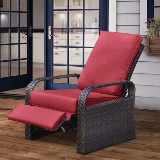 Babylon Dual-use Indoor/Outdoor Wicker Adjustable Recliner Chair, Patio Relaxing Lounge Rattan Armchair with Cushions (Brown Wicker+red Cushion)