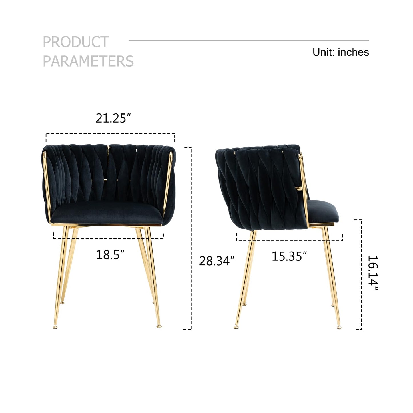 ECHINGLE Velvet Dining Chairs Set of 4, Modern Upholstered Woven Dining Chairs with Gold Metal Legs, Modern Accent Chairs for Dining Room, Vanity, Kitchen, Living Room(Black)