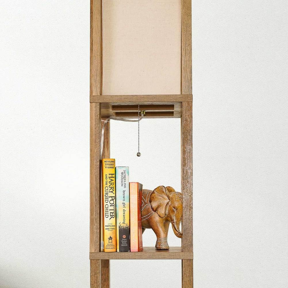 AMZSTAN 62" Floor Lamp with 3 Tier Shelves for Living Room, Wood Floor Lamps with Linen Shade, Corner Display Standing Column Storage Lamp for Farmhouse Bedroom