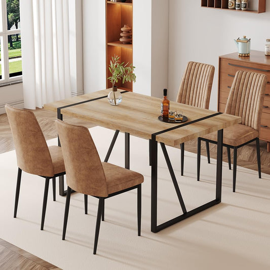 Btikita Dining Table Chairs Set for 4, Modern Rectangular Dining Room Table Set PU Leather Upholstered Dining Chairs 55" Dinner Table Set for Kitchen, Dining Room (Dining Table Set for 4, Brown)