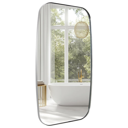 ANDY STAR Chrome Bathroom Mirror, 30x48 Inch Polished Chrome Oval Mirror for Bathroom with Stainless Steel Metal Frame, Oblong Mirror for Bathroom, Living Room, Entryway