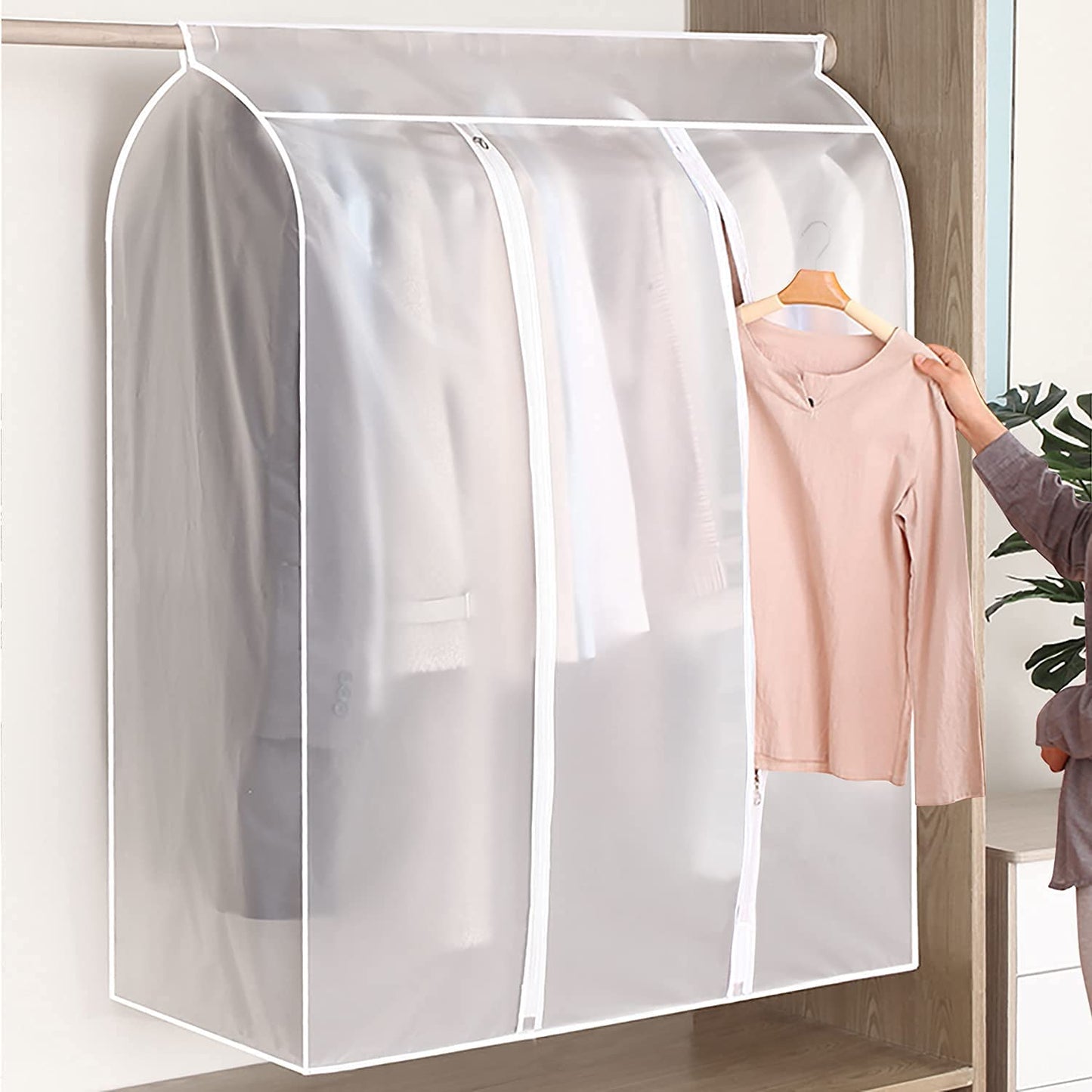 Aichong 50'' Garment Bags for Hanging Clothes, Large Translucent Frosted Garment Rack Cover Bags with Zipper and Hook and Loop Closure, Polyethylene Material, White