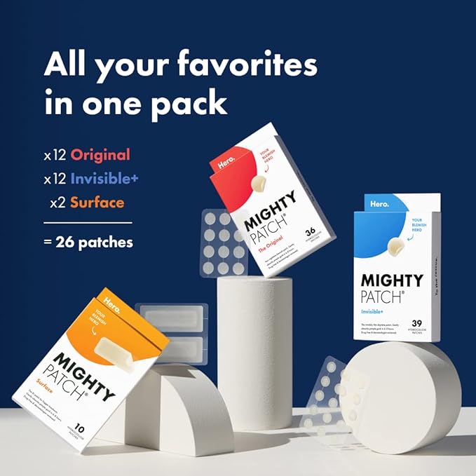 Mighty Patch™ Variety Pack from Hero Cosmetics - Hydrocolloid Acne Pimple Patches for Covering Zits and Blemishes, Spot Stickers for Face and Skin, Korean Skin Care, 26 ct (Pack of 2)