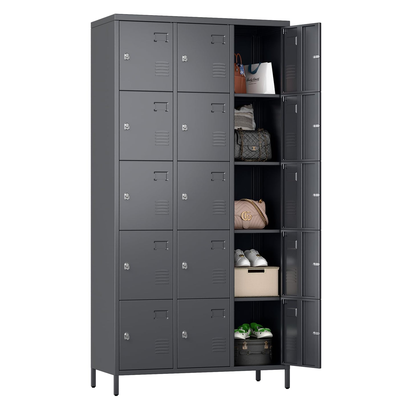 SUPEER 15 Doors Metal Lockers for Employees with Lock,Metal Locker with Card Holder for School Garage Office Gym Bedroom,Assembly Required,15 Door Dark Grey