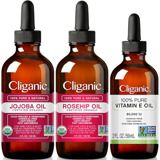 Cliganic Face Oil Trio: Jojoba, Rosehip & Vitamin E Oil
