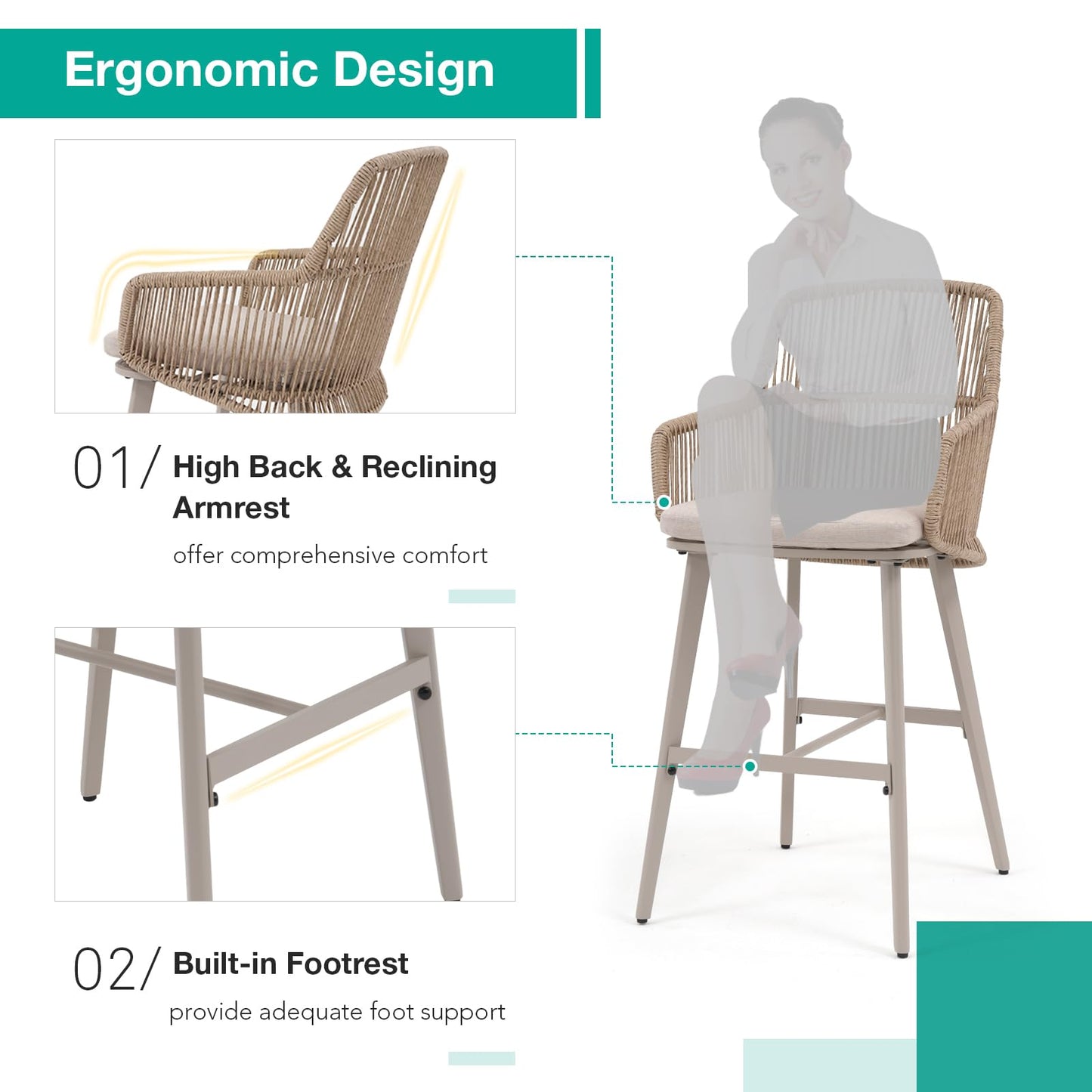 Patiorama Outdoor Bar Stools Set of 2, 46"" Counter Height Bar Stools Chair w/Woven Rope Back and Arm, Patio Metal Modern Wicker Bar Chairs, Rattan Bar Stool for Kitchen Island, Pool, Indoor,Beige