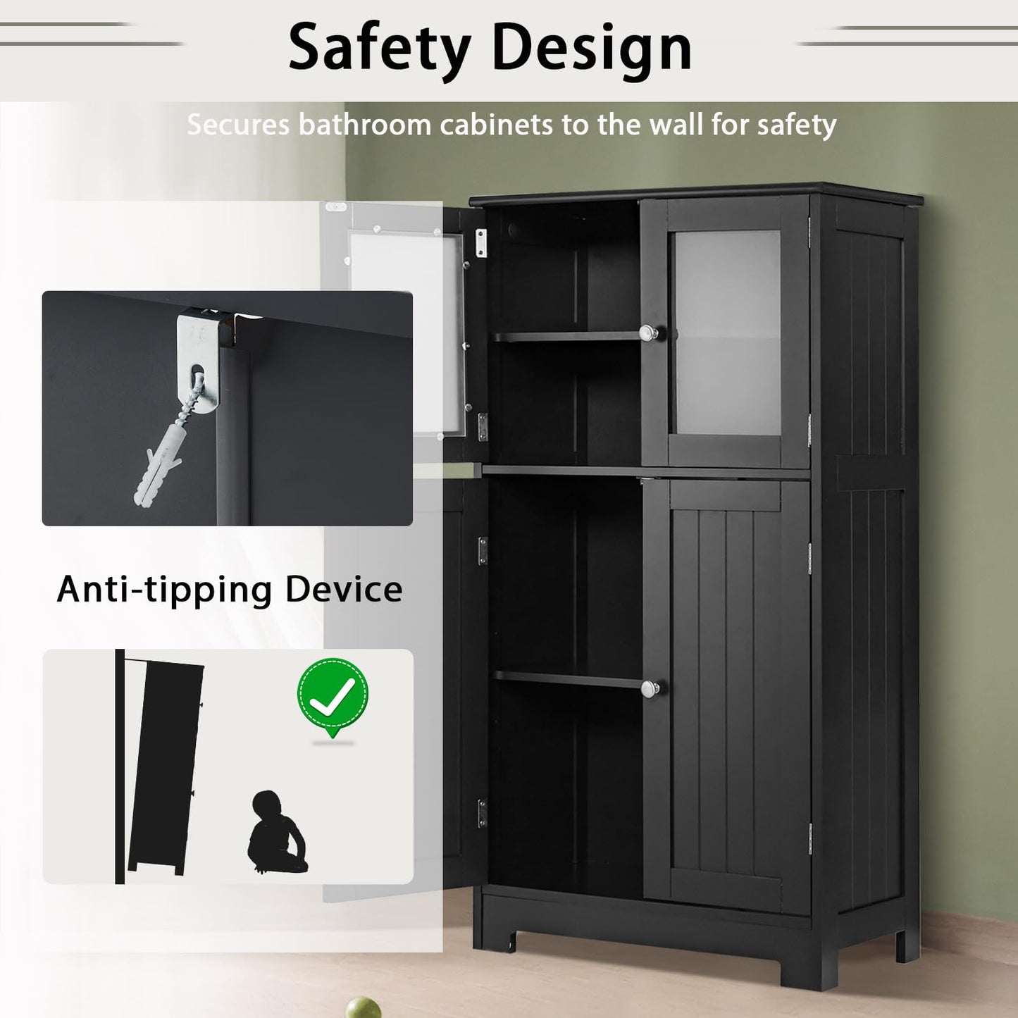 POWERSTONE Bathroom Storage Cabinet, Freestanding Floor Cabinet Organizer with Glass Doors & Adjustable Shelf, Wooden Kitchen Pantry Cupboard for Living Room, Bathroom, Office, Entryway (Black)