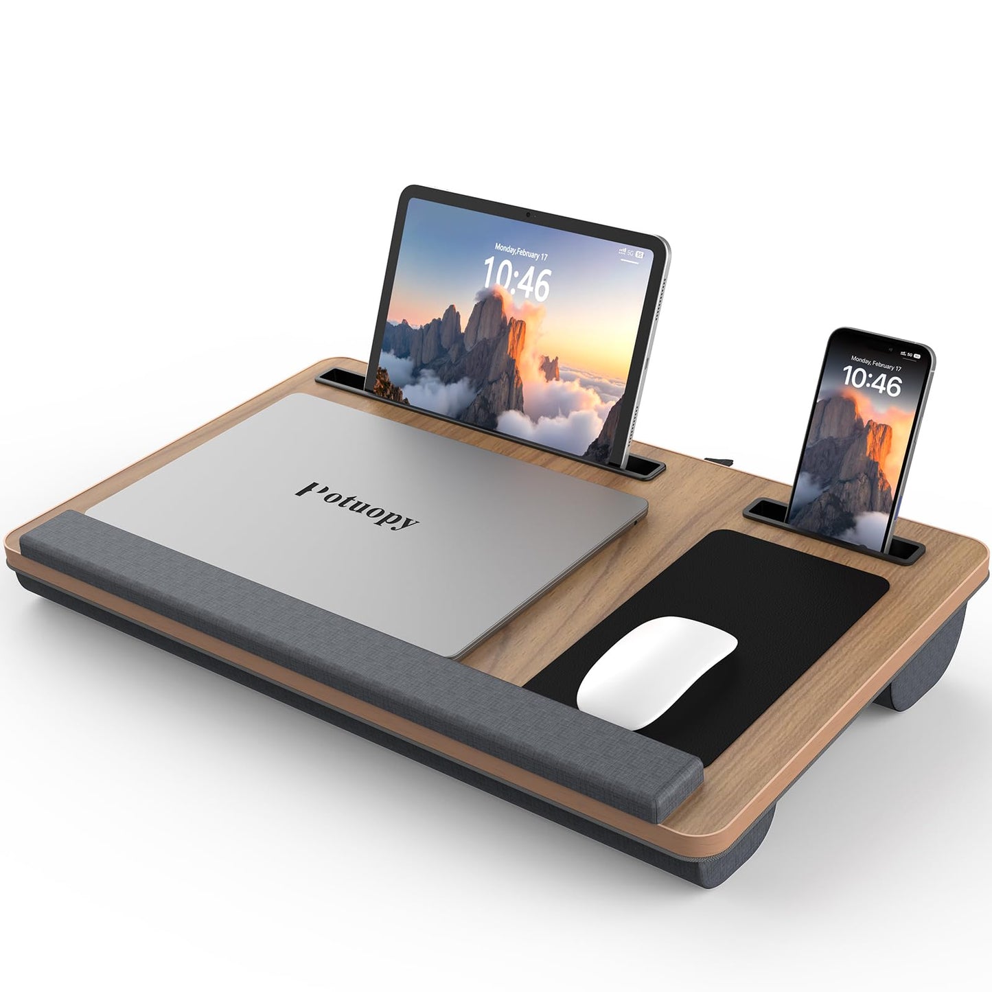 Potuopy Lap Desk - Up to 17” Laptop with Wrist Rest, Portable Handle, Fixed Mouse Pad, Tablet & Phone Slots, Laptop Stand for Bed with Cushion (Dark Brown Woodgrain)