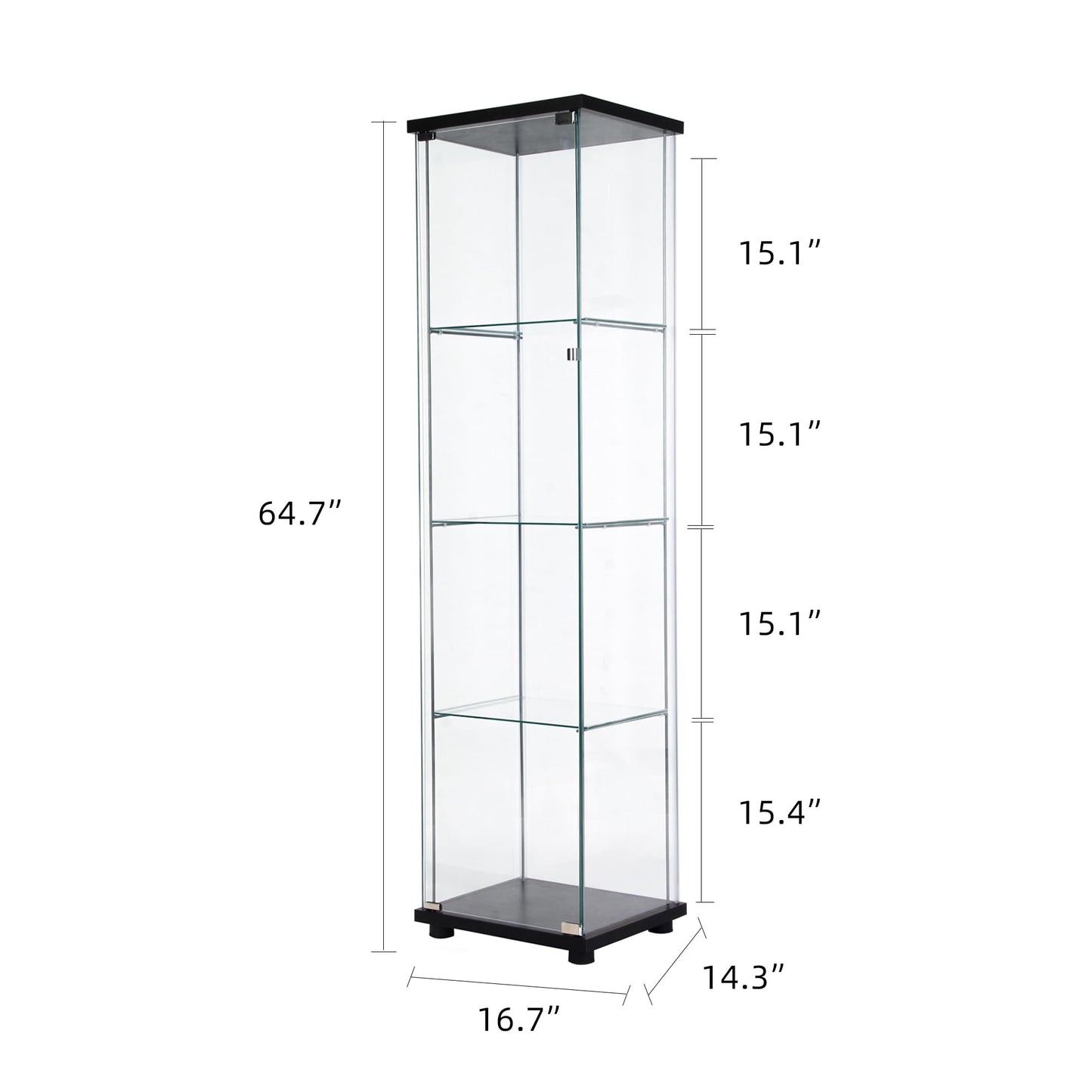 Zacis 4-Tier Tempered Glass Display Cabinet with Glass Door, Floor Standing Curio Cabinet Collection Showcase, 17" W x 14.5" D x 64" H (Black)