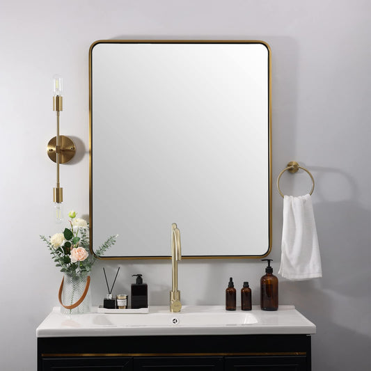 ANDY STAR Gold Bathroom Mirror for Wall, 30x36’’ Brushed Gold Mirror, Rounded Rectangle Mirror for Vanity in SUS304-Anti-Rust, Wall-Mounted Horizontal/Vertical 1’’ Deep