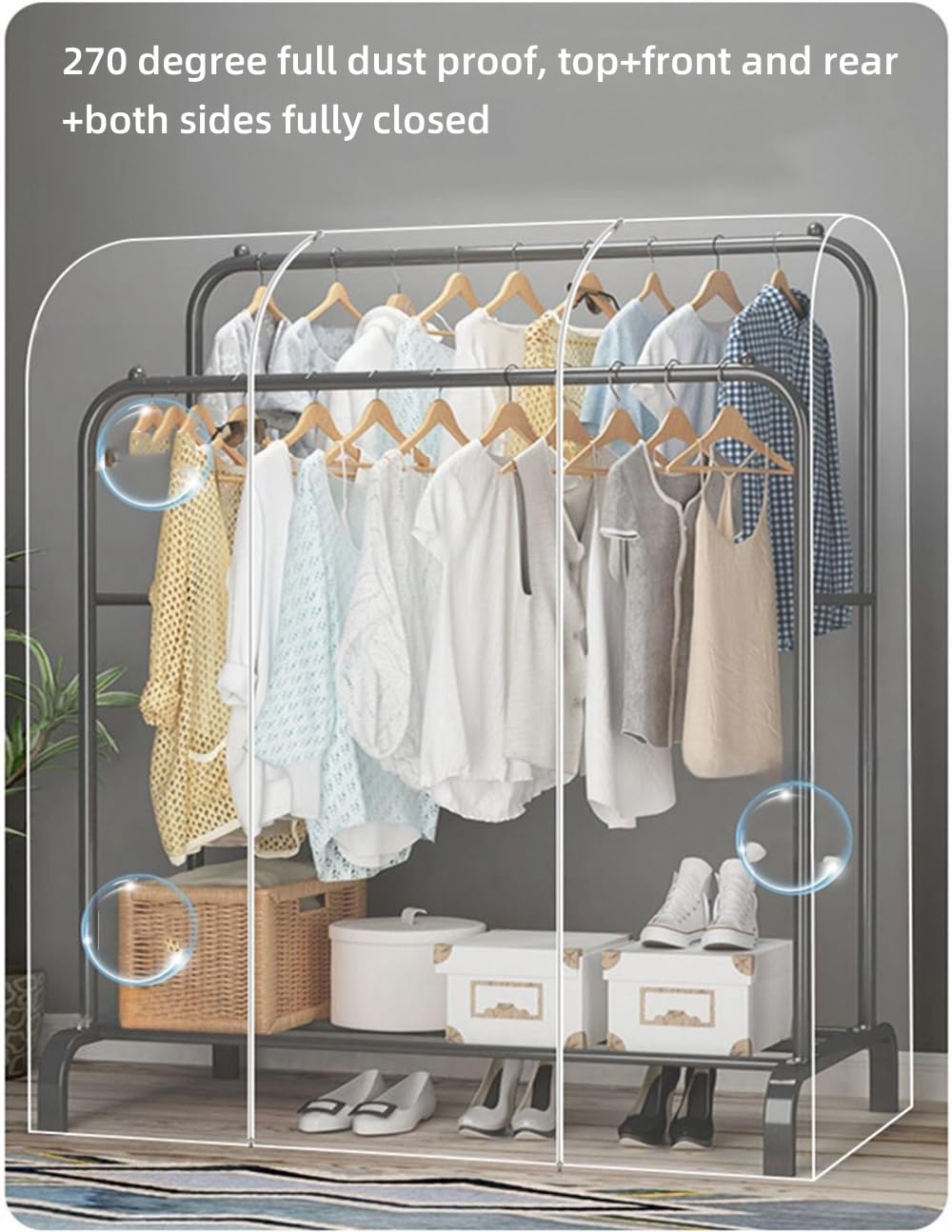 Clear Garment Rack Cover, Transparent PEVA Clothes Rack Cover with 2 Durable Zipper, Clothing Dustproof & Waterproof Protector Cover