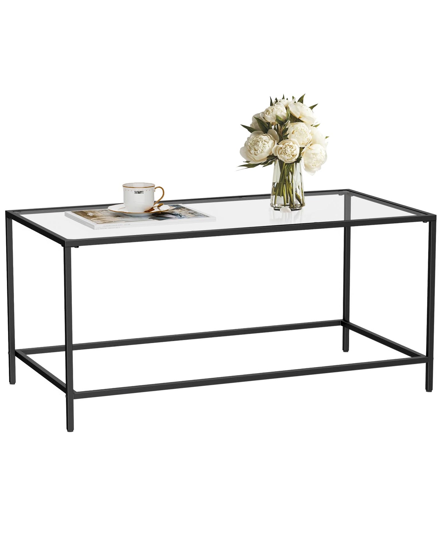 Homleke Glass Coffee Table, Modern Rectangular Coffee Table for Living Room, Minimalist Center Tea Table with Sturdy Metal Frame for Apartment, Office, Easy Assembly, 39.4 x 19.7 x 17.7 Inches, Black