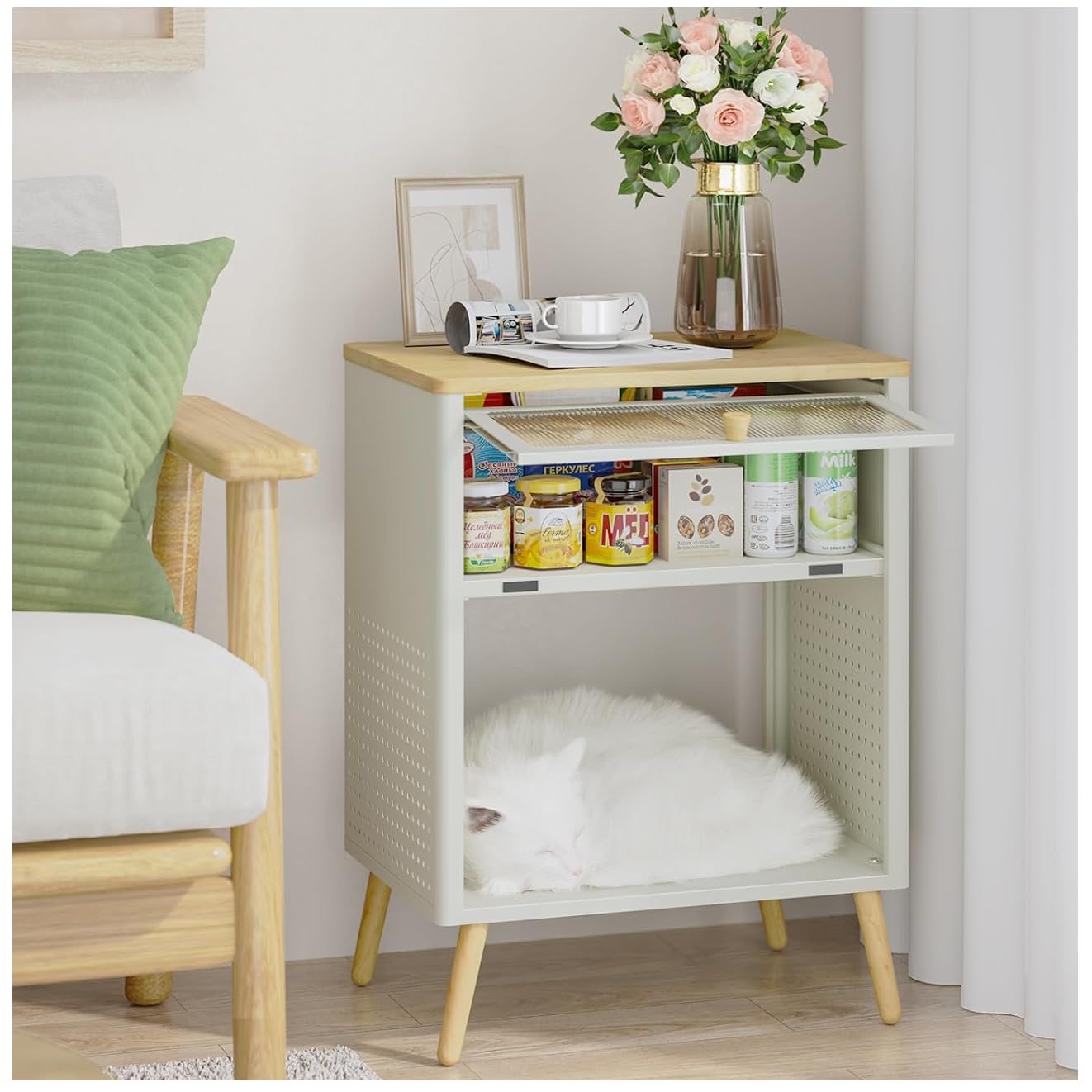 SYKIARIOL Cute Nightstand, Small End Tables with Storage Drawer, Metal Side Table, Kid's Night Stand, Bedside Table, Wood Top Modern Side Table for Living Room, Girls Bedroom, Dorm, Office,Cream