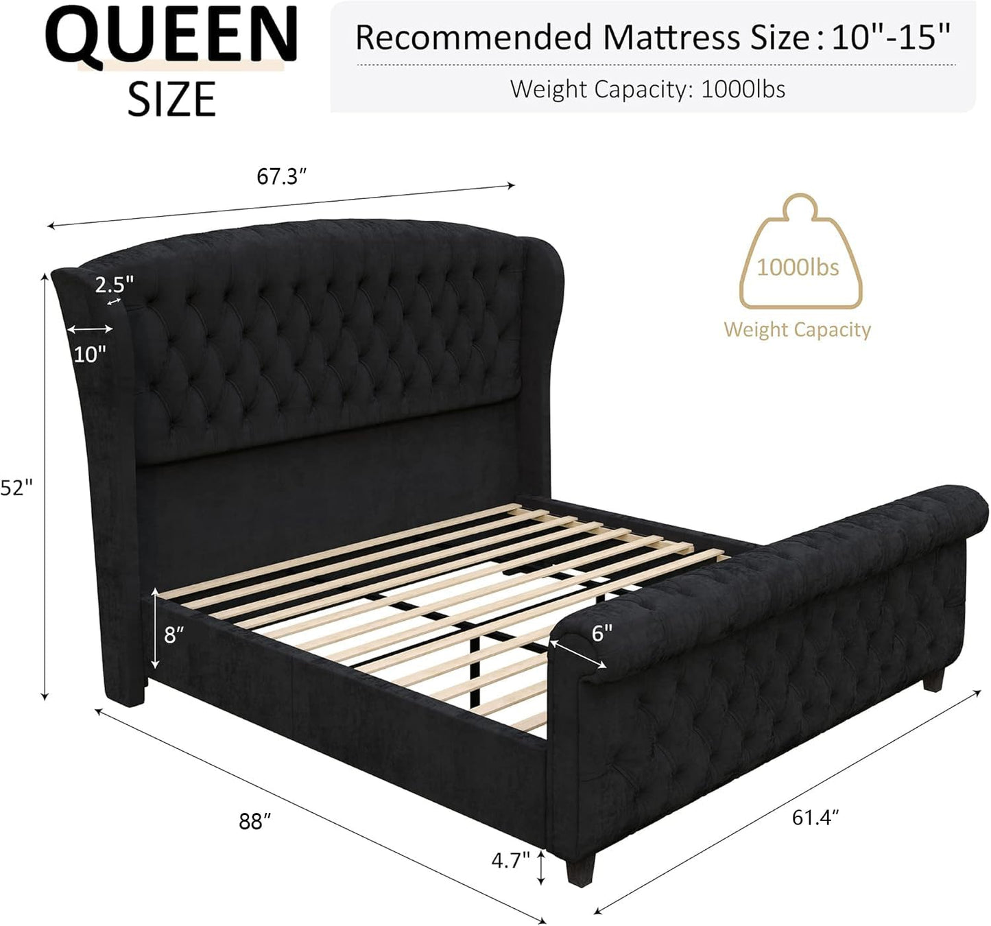 AMERLIFE Queen Size Platform Bed Frame, Velvet Upholstered Sleigh Bed with Scroll Wingback Headboard Footboard/Button Tufted/No Box Spring Required/Easy Assembly/Black