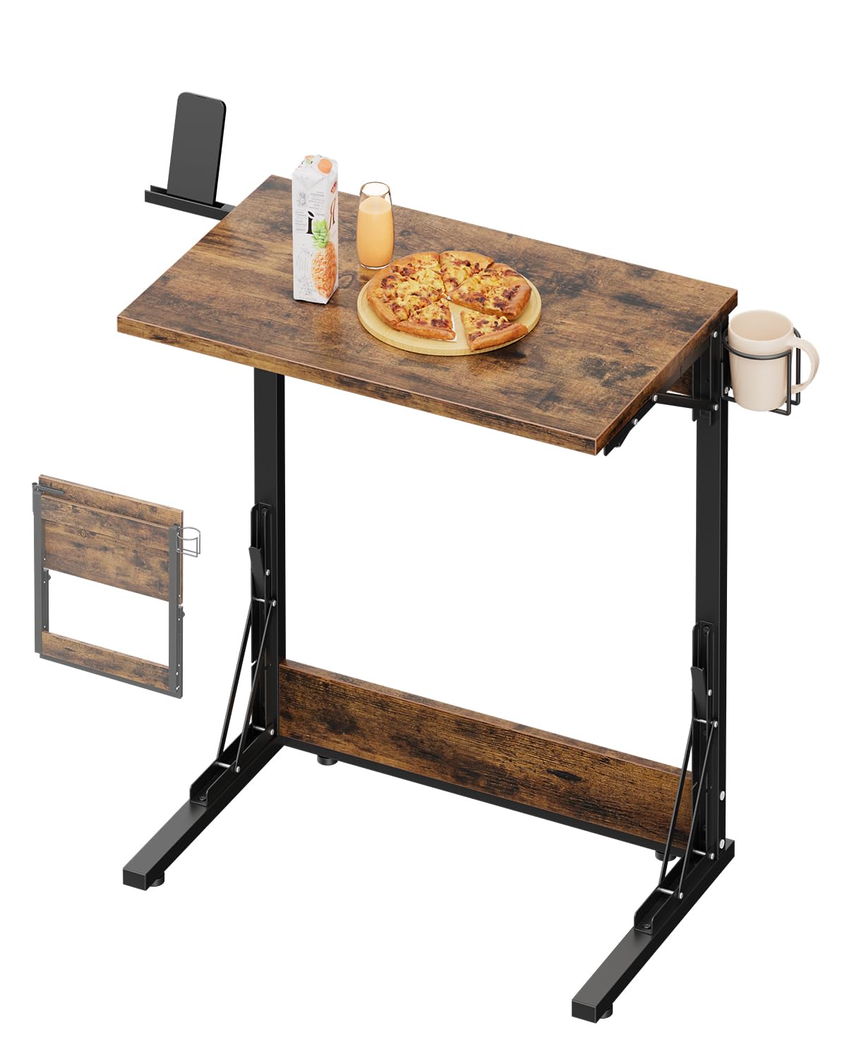Tatub 24" Folding TV Tray Table, Foldable C Shaped End Table for Couch, TV Dinner Tray with Cup Holder, Small Sofa-Side Laptop Desk for Living Room Bedroom, Classic Brown