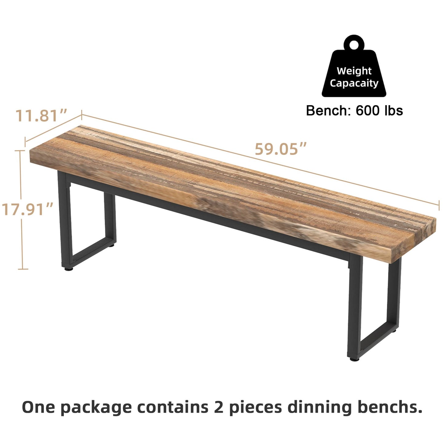 STHOUYN 59” Dining Bench Pair of 2 for 6-8 Person, Farmhouse Indoor Kitchen Table Benches, Bed Bench, Industrial Shoe Bench (Brown 2pcs)