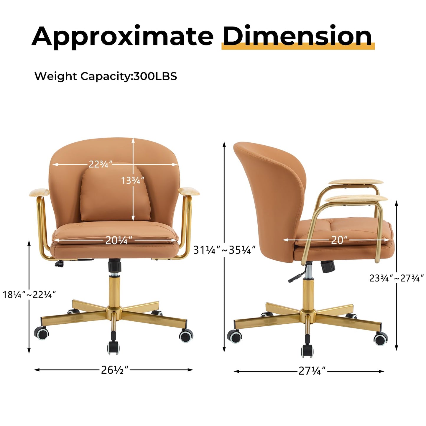 Furniliving Leather Home Office Desk Chairs，Comfy Office Chair, Adjustable Swivel Vanity Chair with Golden Legs and Wooden Padded Armrest, Modern Upholstered Task Chair with Wheels,Brown