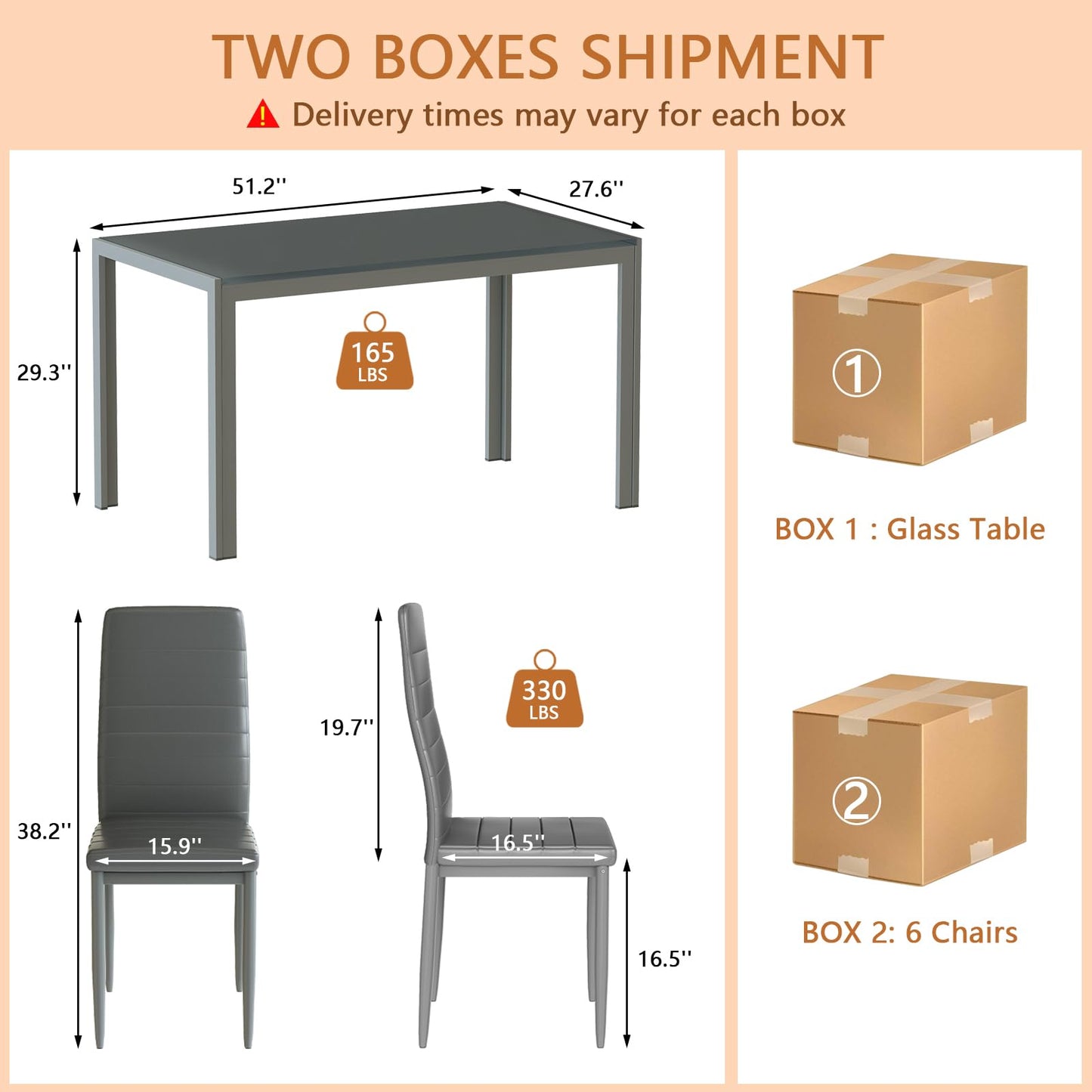 Recaceik Glass Dining Table Sets for 6, 7 Piece Kitchen Table and Chairs Set for 6 Person, Tempered Glass Table and PU Leather Chairs Modern Dining Room Sets for Small Space