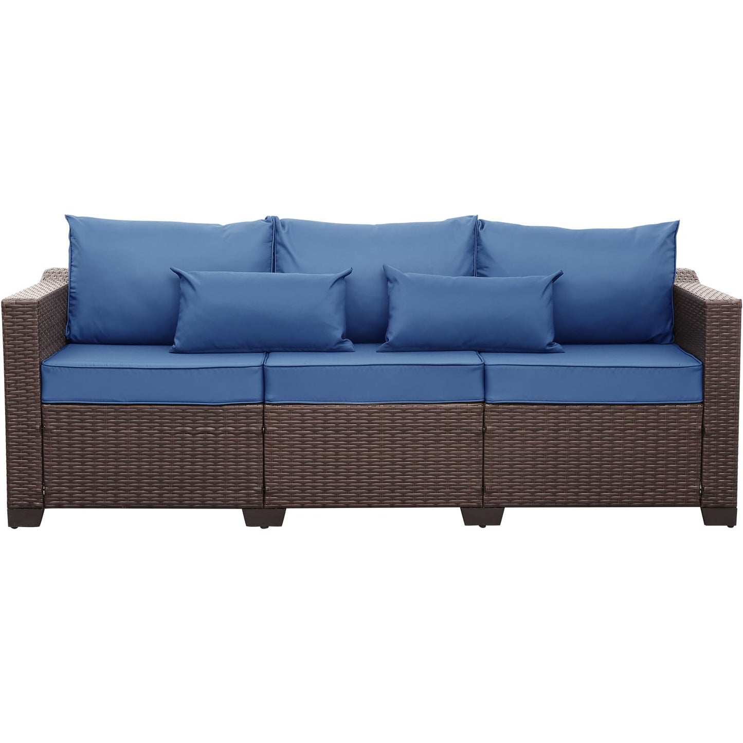 Rattaner 3-Seat Patio Wicker Sofa, Outdoor Rattan Couch Furniture Steel Frame with Furniture Cover and Deep Seat High Back, Blue Anti-Slip Cushion.