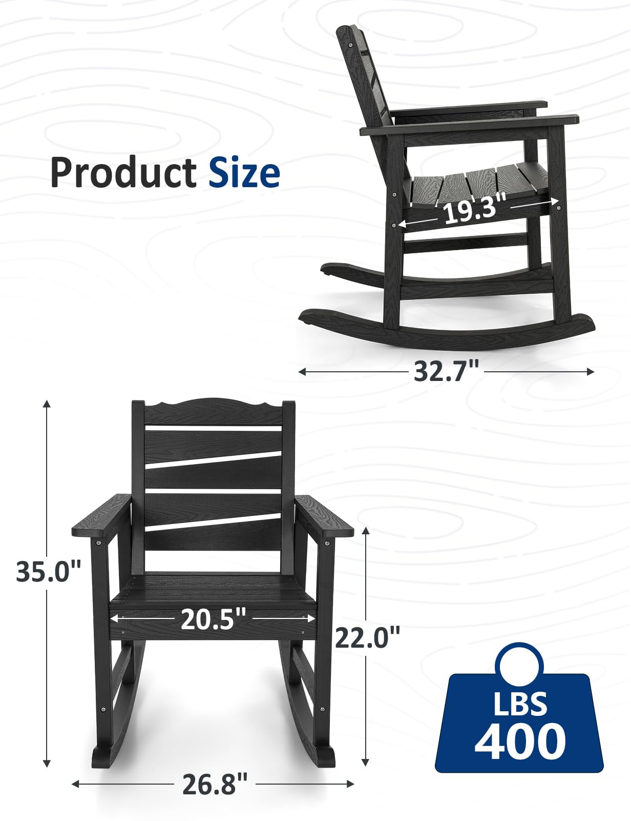 LAHAAP Weatherproof Patio Rocking Chair, HIPS Outdoor Rocking Chair for Adults, 400LBS Support Heavy Duty Porch Rocking Chairs for Garden, Lawn, Backyard, Outdoor and Indoor (Black)