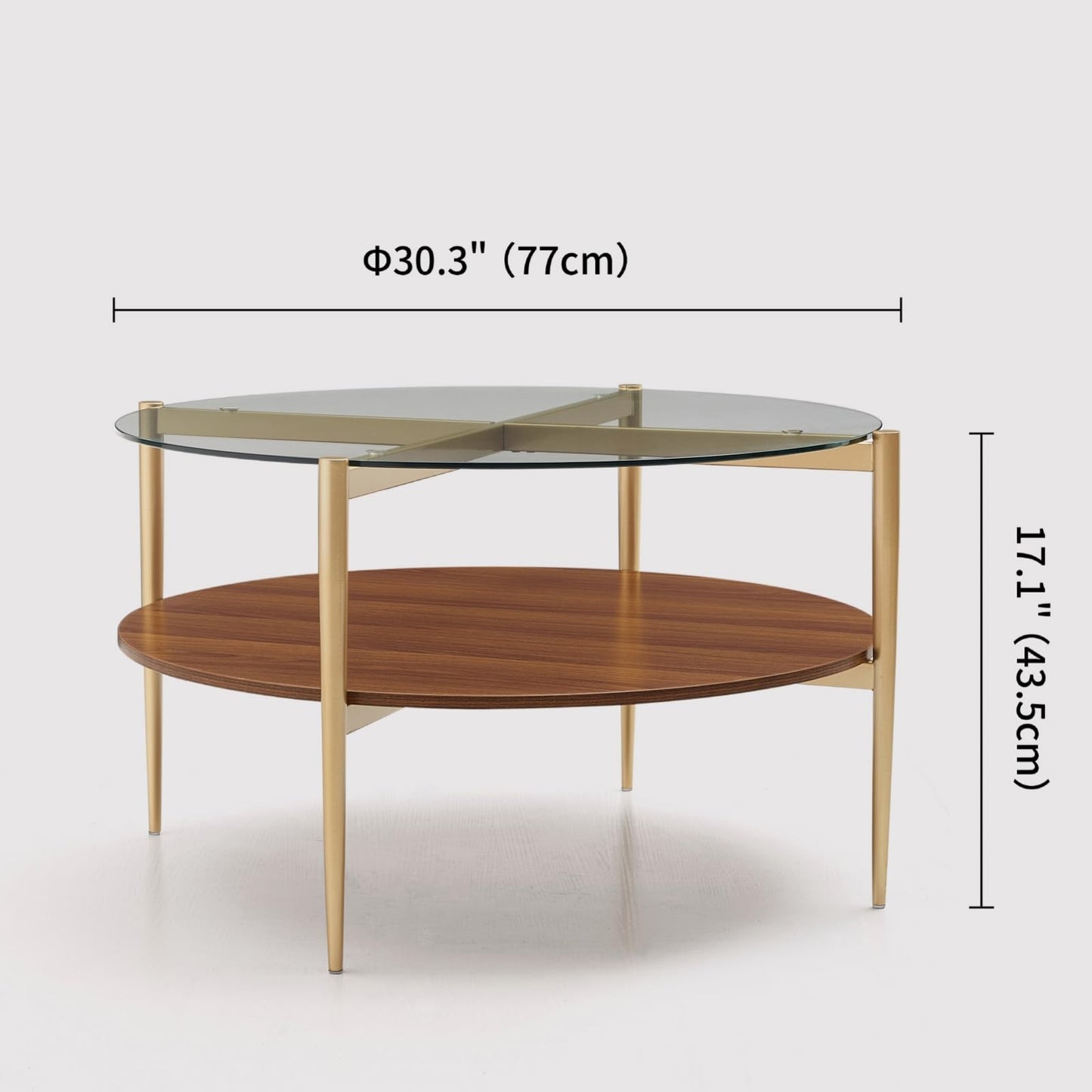 LumFurn Round Coffee Table, Mid-Century Modern Design, D30“ x H17”, for Living Room, 2-Tier Structure, Clear Glass Top and Walnut MDF Shelf, Sleek Conical Metal Legs with Gold Finish