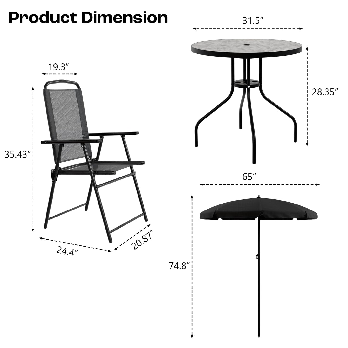 PUKAMI 6 Piece Folding Patio Dining Set with Umbrella, Outdoor Table and Chair with 4 Dining Chairs and Round Glass Table for Garden, Backyard and Deck, Black