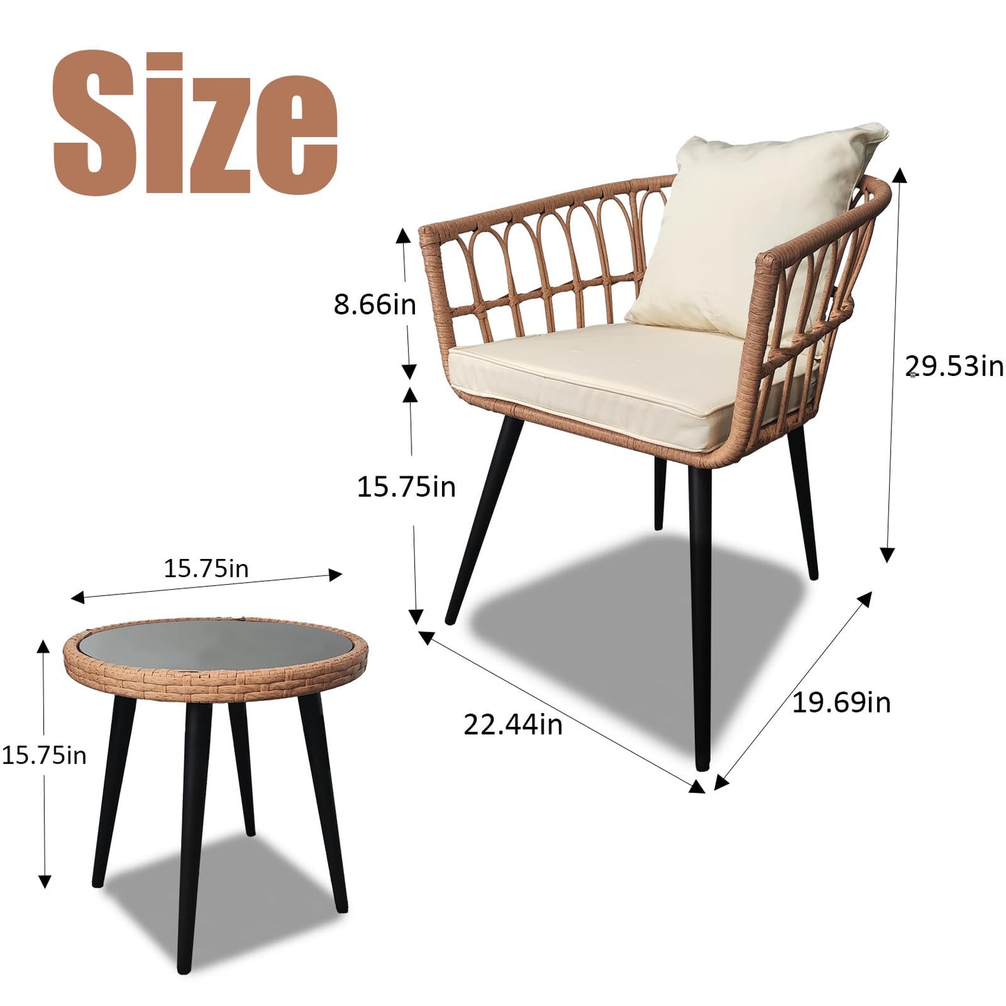 YINRUIN 3 Piece Patio Bistro Set,Outdoor Rattan Furniture,All-Weather Patio Furniture Set with 2 Chairs and 1 Glass Table for Balcony, Porch, Backyard (Beige)
