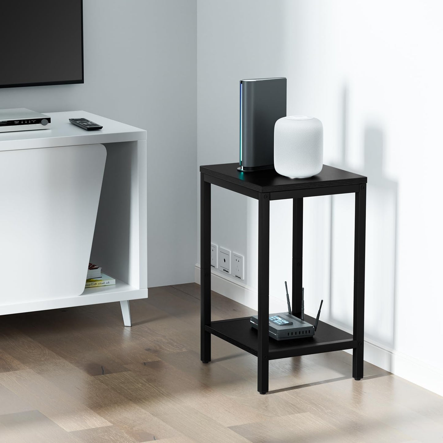 SAYGOER Black End Tables Small Side Table with Storage Wood Night Stand Metal Frames 2 Tier Bedside Table with Adjustable Feet, 1PCS, All Black