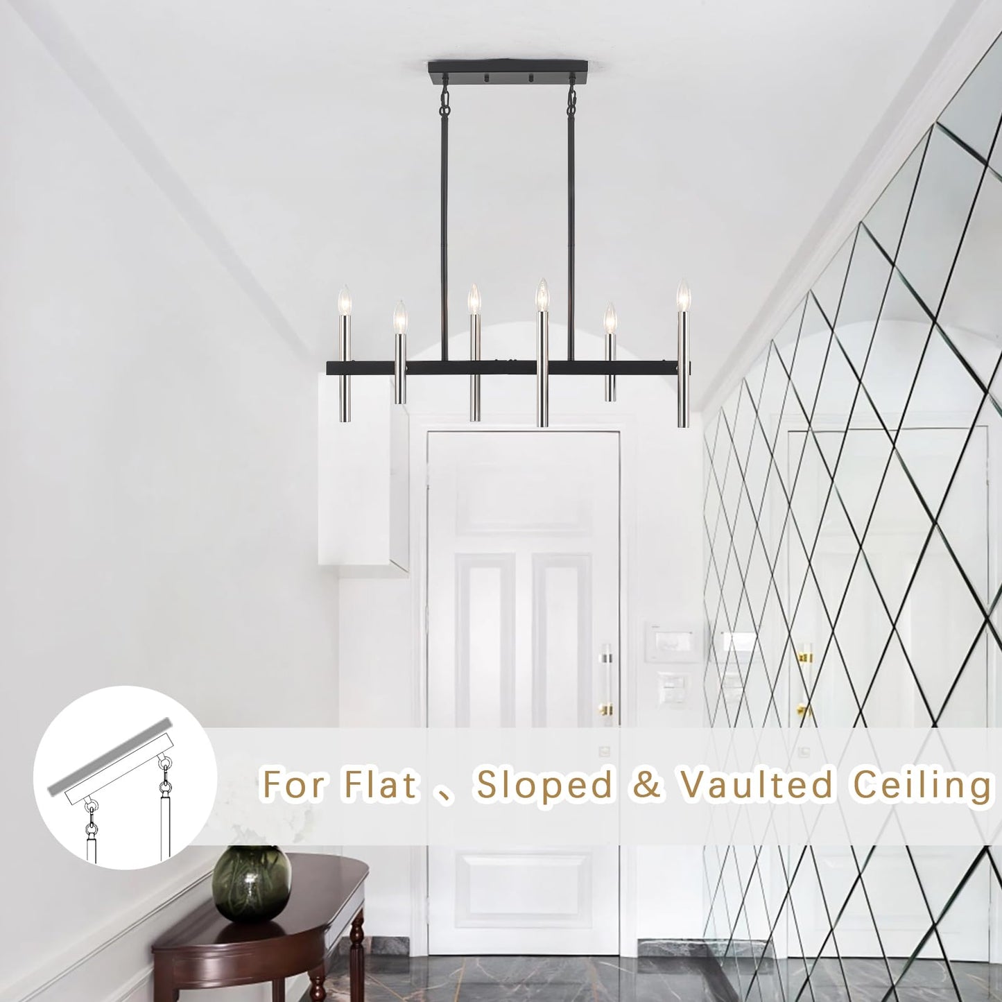 Modern Kitchen Island Pendant Light Fixtures 6-Light Black and Brushed Nickel Linear Chandeliers for Dining Room Chandelier Farmhouse Island Lights for Kitchen Table Living Room Bedroom Entryway