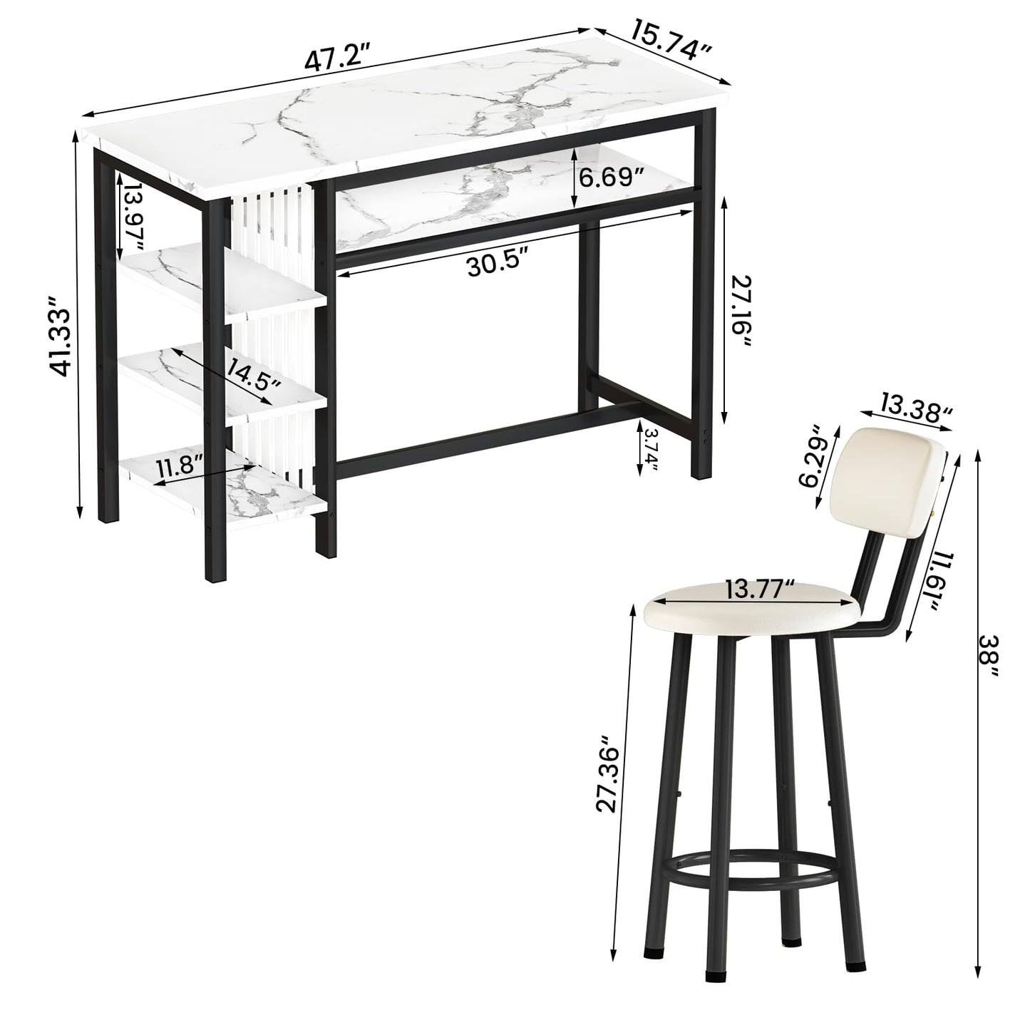 Lamerge Furniture Kitchen Bar Height Table and Chairs for 2, 5-Tier Compact Dining Room Table, White Faux Marble Top and 2 PU Leather Upholstered Seat Black Frame, Modern Dining Set for Home & Office