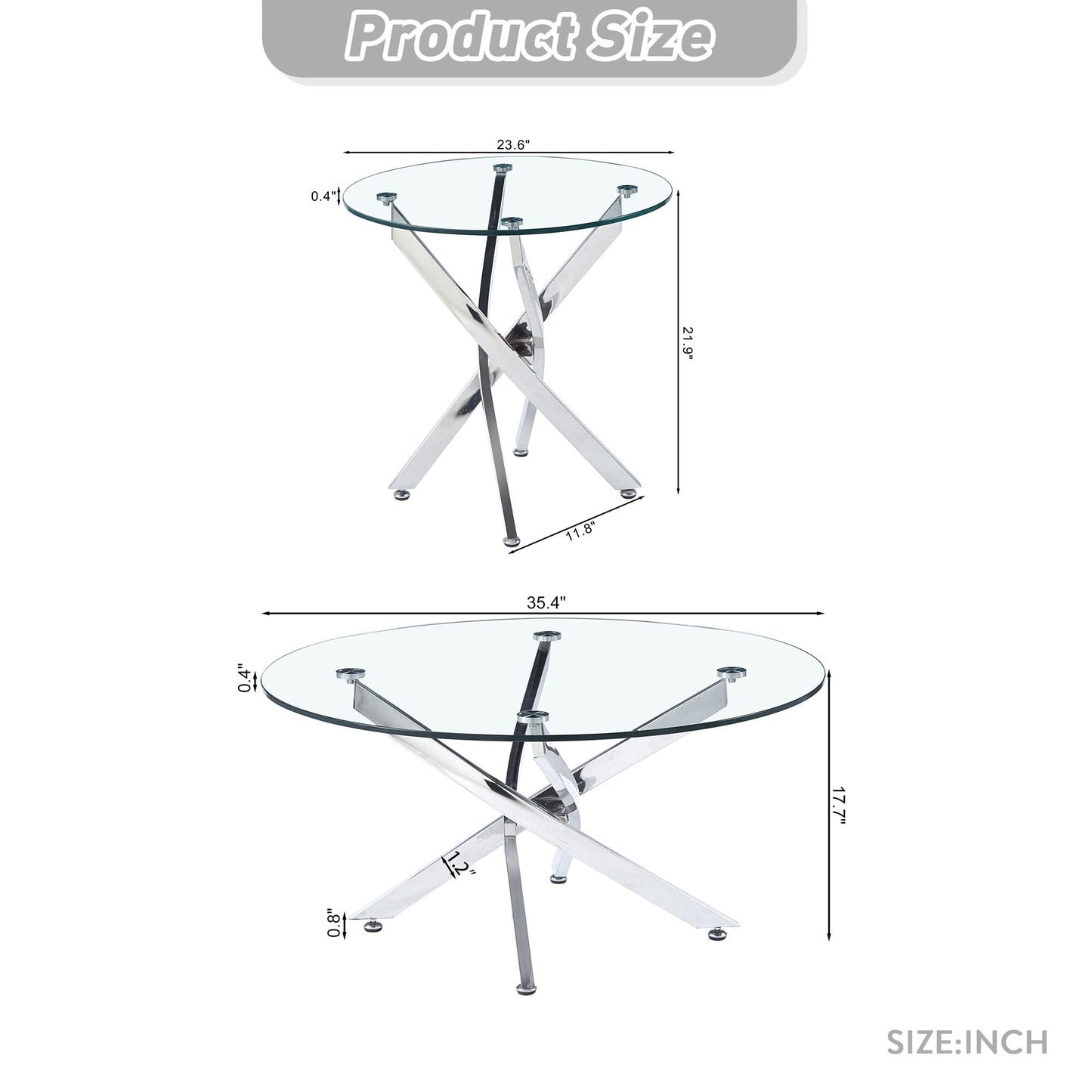 SSLine Modern Round Glass Coffee End Table Set of 2 Luxury Circle Cocktail Center Table with 1 End Table for Living Room Bedroom Office, Mirrored Stainless Steel Cross Base(Clear Silver2)