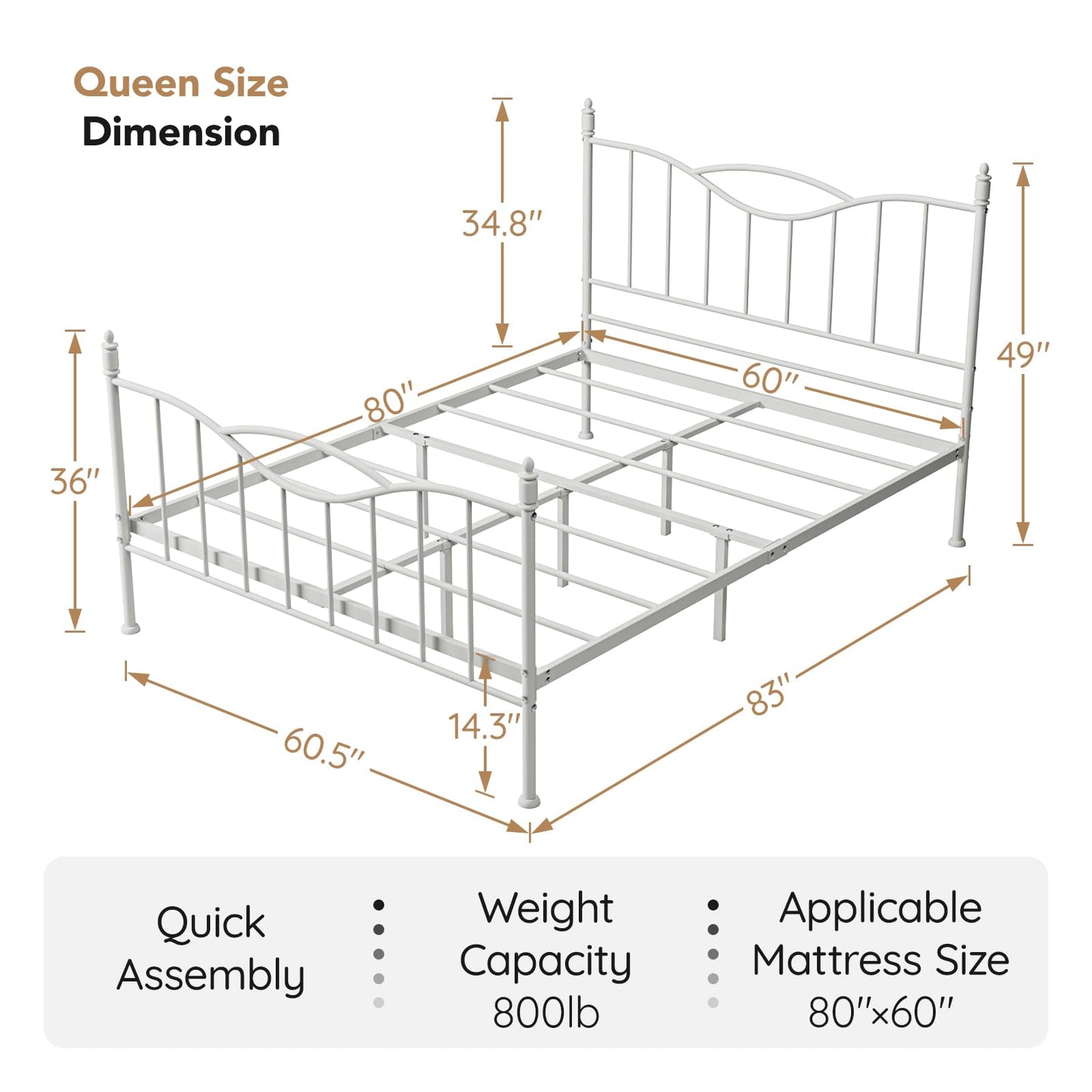 Florise Queen Size Bed Frame with Headboard, 14 Inch Tall Metal Platform Bed Frame Mattress Foundation with Footboard, Under Bed Storage, Strong Metal Slats Support, No Box Spring Needed, White