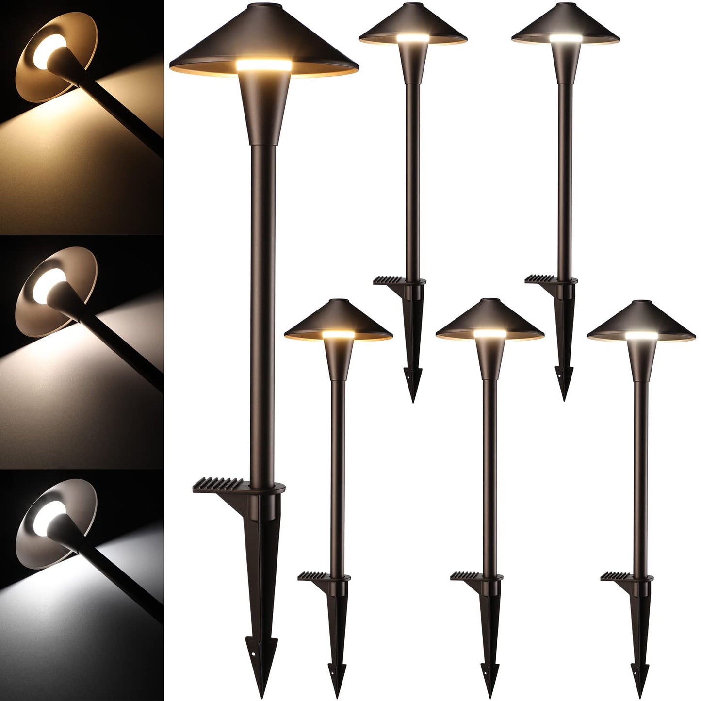 LEONLITE 3CCT Low Voltage Pathway Lights, LED Landscape Path Lights, 3000K/4000K/5000K, Flat Cone Head, 12-24V AC/DC, IP65 Outdoor Walkway Light, Oil Rubbed Bronze Aluminum, Pack of 6